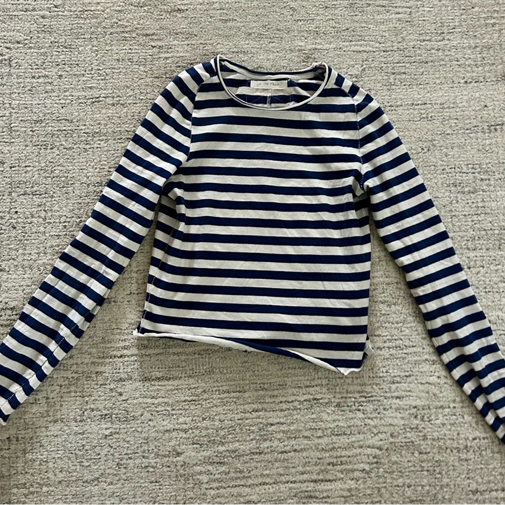 Free People Navy and White Long Sleeve Shirt